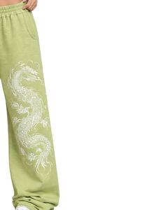 Pantalons de survêtement à jambes larges à imprimé floral de dragon vert personnalisés pour femmes, streetwear surdimensionné, coupe ample, pantalon de jogging en molleton, OEM personnalisé - Product Image 3