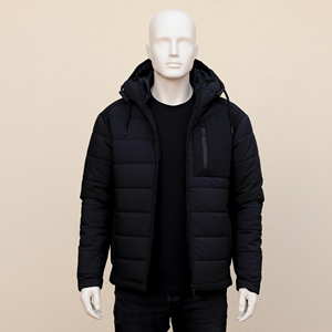 Veste d'automne rembourrée noire pour homme, capuche, vêtement d'extérieur chaud et isolé, ceinture, décontractée, hip-hop, 100% polyester, coupe-vent, respirante - Product Image 1