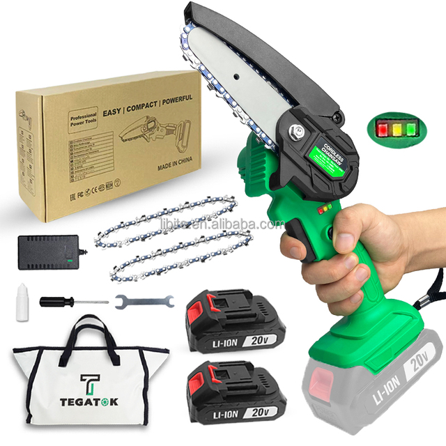 6-Inch Cordless Power Mini Chainsaw with 2 Batteries Security Lock Handheld Electric Wood Cutting Tool for Tree