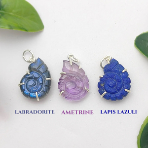 Colgante de piedras preciosas de labradorita tallada con concha de Nautilus de plata 925 | Conjunto de colgante de piedra natural hecho a mano joyería - Product Image 3