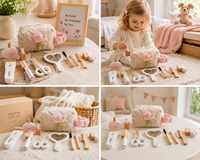 Ensemble de maquillage en bois pour enfants, jeu de simulation de coiffure pour filles, ensemble de coiffeuse princesse rose avec trousse de cosmétiques, cadeau Montessori pour jeu de rôle
