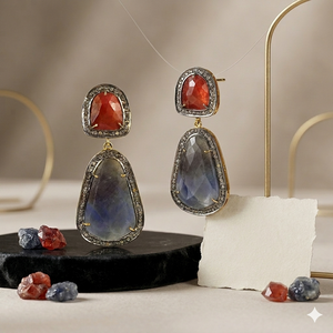 Pendientes Geométricos con Baño de Oro y Piedras Naturales con Engaste en Bisel, Joyería Vintage para Mujer - Product Image 1