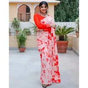 Sari Corto de Chifón con Estampado Tie-Dye en Naranja Melón para Mujer, con Elegante Diseño de Lazo, Ligero, para Fiestas - Product Image 4