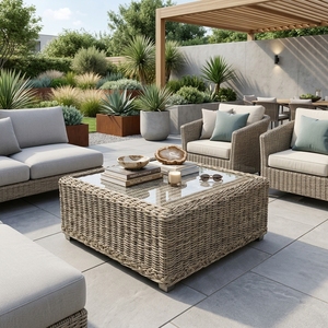 Table basse d'extérieur rectangulaire en rotin tressé naturel avec plateau en verre, pour patio, décoration et design artistique pur pour la pièce. - Product Image 4