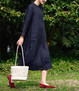 Women's Custom Linen Summer <b>Midi</b> <b>Dress</b> with Belt Long Sleeves Pockets Handmade <b>T</b>-<b>Shirt</b>-Woven Weaving Method - Product Image 4