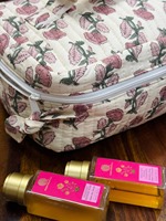 Boîte à maquillage artisanale en coton écologique vintage, résistante à l'eau, avec fermeture éclair, motif floral brun, fabriquée par des artisans de Jaipur