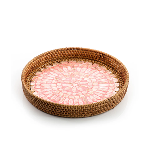 Bandeja Redonda de Ratán al por Mayor con Incrustaciones de Nácar, Vajilla Decorativa, Suministro al por Mayor para el Hogar y la Comedor - Product Image 1