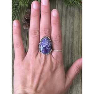 Handmade Navajo Gemstone <b>Ring</b> Charoite & Sterling Silver Cut Bezel Setting Size 8 <b>Fine</b> Fashion Jewelry for Everyday Wear - Product Image 2