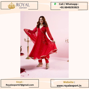 Dernier Nouveau Travail de Séquence de Georgette Rouge Chaud Avec Bordure de Dentelle à Quatre Côté Collection de Mariage Duppta Aanarkali Par Royal Export - Product Image 2