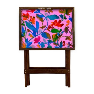 Mesa de bandeja plegable de madera y resina con estampado de hojas rosas, mesa de servicio pulida portátil para decoración del hogar - Product Image 4