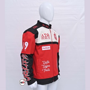 Veste de moto de course classique au design personnalisé Veste de course authentique Delta Sigma entièrement brodée pour hommes - Product Image 5