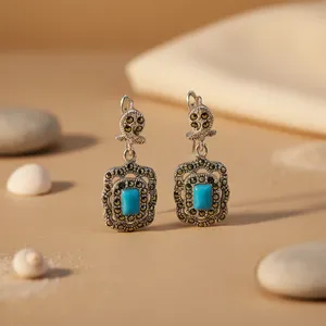 Boucles d'oreilles pendantes en argent sterling 925 avec perle d'eau douce, marcassite et turquoise pour femme, bijoux cadeau pour tous les jours et occasions spéciales - Product Image 3