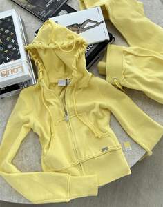 Streetwear tricoté en éponge française personnalisé pour femmes Impression bouffante Sweat à capuche zippé court Jogger Pantalon de survêtement Ensemble de survêtement Style de rue - Product Image 6