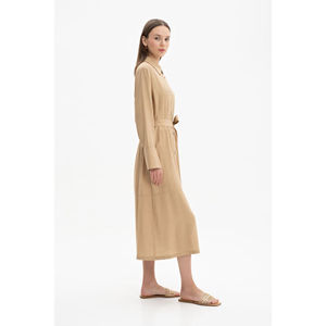 Vestido Casual Elegante de Lino y Viscosa Color Camel con Detalle de Botones - Product Image 3