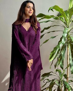Las mujeres musulmanas usan Chikan Kari bordado trabajo largo Color brillante diario y fiesta de oficina especial traje Salwar de tres piezas - Product Image 4