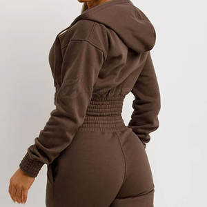 ชุดวอร์มครอปแบบลำลองสำหรับผู้หญิงเสื้อสั้นตัวยาวทนทานพิมพ์โลโก้สีทึบมีฮู้ด - Product Image 6