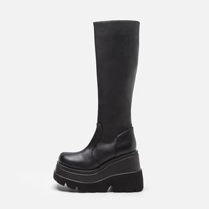 <span class=keywords><strong>Bottes</strong></span> mi-mollet pour femmes, tendance actuelle, de qualité supérieure, à large tige, à talons compensés, avec fermeture éclair, élégantes, pour l'hiver, noires - Product Image 4