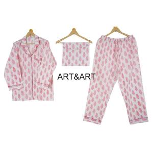 Conjunto de Pijama de Algodón 100% Indio para Mujer, Cintura Elástica, Elegante, Estampado Floral Digital, Transpirable, Suave, Estilo Casual para el Mercado - Product Image 6