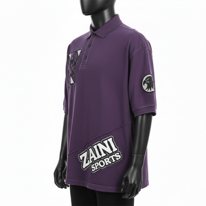 Camiseta polo para hombre, 230 GSM, algodón premium, poliéster, tejido piqué, color morado, panel diagonal con apliques bordados, talla S. - Product Image 5