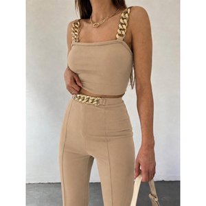 Conjunto de Dos Piezas para Mujer, Blusa Corta de Crepé Importado con Tirantes de Cadena y Pantalones, 36314 - Café con Leche - Product Image 1