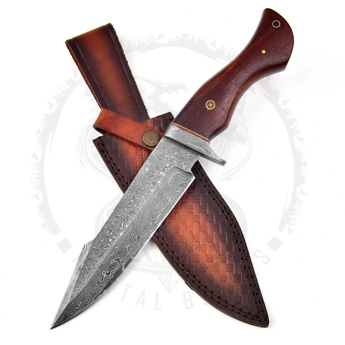 Personalizado hecho a mano 1095 acero Damasco Bowie cuchillo mango de palisandro regalo de Navidad cuchillo con Funda de cuero
