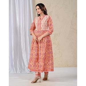 Conjunto de Kurta y Pantalón de Algodón Étnico Elegante para Mujer, Estampado Floral Jaal Amarillo y Rojo, Ropa de Fiesta para Ocasiones Especiales - Product Image 4