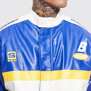 Chaqueta de moto de cuero con estampado Retro de Color azul personalizado, chaqueta de carreras de cuero con parche con logotipo OEM para hombre, béisbol universitario - Product Image 4