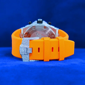 Luxury <b>Sports</b> Chronograph <b>Watch</b> 42mm Stainless Steel Full Diamond Bling Orange Rubber Strap Analog 42mm Stainless Glass Charm - Product Image 4