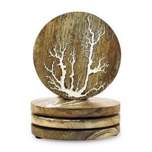 Premium Quality Classic Elegant Round Wooden Coaster Set 4 <b>Fire</b> Finish Modern Design Eco-Friendly 100mm Diameter 10mm Thickness - Product Image 1