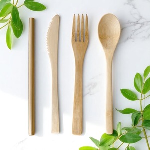 Accesorios de viaje juego de cubiertos de bambú reutilizables en estuche de algodón precio barato utensilios de picnic fácil de limpiar - Product Image 4