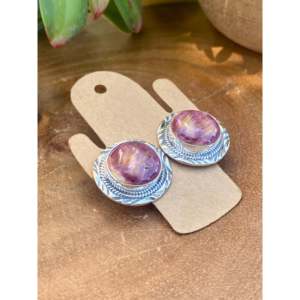 Navajo Made 14K/18K Gold <b>Post</b> Earrings with Diamond Spiny Oyster & Sterling Silver Bezel Set Studs - Product Image 2