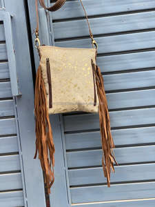 Western Style Cowhide Metallic Fur Leather Fringe Handbag Sling Bag Hand Tooled Carving Bags Party Wear Women's Hair on Hide - Product Image 3