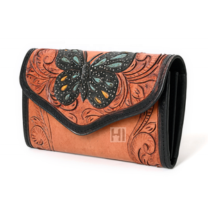 Portefeuille trifold en cuir de vachette de luxe avec blocage RFID, motif floral vintage, fermeture éclair - Product Image 3