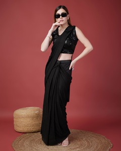 Prêt à porter de créateur Georgette avec saree séquentiel Bollywood style saree à volants Wedding Party Wear Saree avec chemisier. - Product Image 3