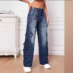 Femmes 100% coton nouveau jean Cargo ample jambe droite avec bouton décoration respirant mode pour printemps été automne hiver - Product Image 2