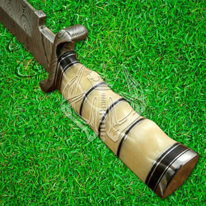 Cuchillo Bowie de acero Damasco personalizado hecho a mano con Funda de cuero con agarre de hueso ergonómico regalo de caza profesional con soporte OEM - Product Image 5