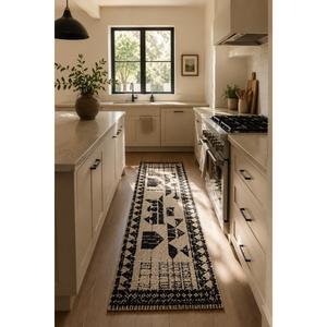 Tapis Kilim en laine fait main lavable, motif géométrique tribal noir et crème - Product Image 1