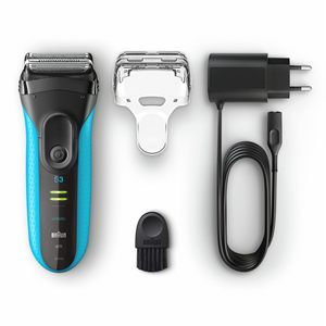 Afeitadora Eléctrica Recargable Azul para Hombre, de Láminas, para Uso en Seco y Húmedo, con Triple y Doble Cuchilla, Impermeable IPX7, Afeitadora Facial Rotatoria de Repuesto - Product Image 1