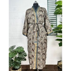 Boho Vintage Silk Sari Dressing Gown Recycled <b>Robe</b> Kimono <b>Beach</b> Coverup Beige Brown Bridesmaid Anniversary Swimsuit Cover Ups - Product Image 1