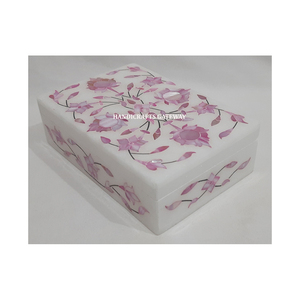 Handmade <b>White</b> Marble Pink Mother Of Pearl Inlay Jewellery <b>Box</b> Rectangle Shape Flower Design Used For Watch Storage And <b>Gifting</b> - Product Image 2