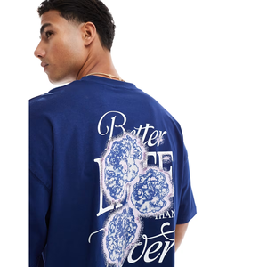 เสื้อยืดผ้าฝ้ายบ็อกซี่100% ลำลองสำหรับผู้ชายลายดอกไม้สีกรมท่าเสื้อยืดคอกลมลายดอกไม้สำหรับนายกเทศมนตรี - Product Image 3