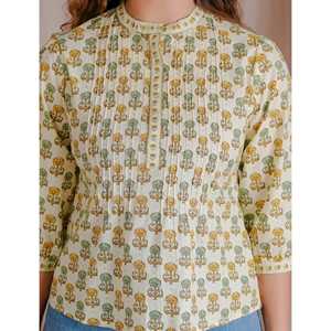 <b>Women's</b> for <b>Cream</b> Butti Cotton Pintux Style Short Top Breathable 100% Cotton Woven Fabric Fitted Crop <b>T</b>-<b>Shirt</b> for Ladies XS XXS - Product Image 2