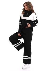 Haute qualité femmes tricots rayé fermeture éclair surdimensionné deux pièces ensemble tenue décontracté tenue de bureau pull pantalon ensemble - Product Image 4
