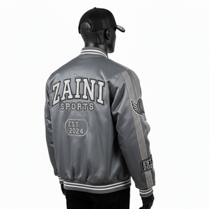 Premium 200 GSM Satin Varsity <b>Jacket</b> in <b>Silver</b> Grey with Sleeve Paneling and Custom Embroidery Logo Design Satin <b>Jacket</b> For Men - Product Image 5
