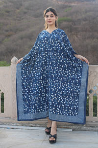 Ecológico 100% algodón Midi-Length Kaftan vestido cómodo Casual Lounge Wear elegante bloque de mano impreso diseño indio azul - Product Image 4