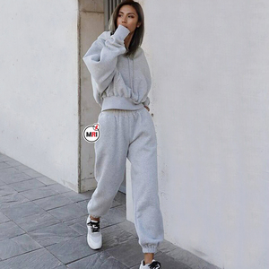 Mujeres de invierno de encaje elegante Casual clásico de lana trajes de 2 piezas Crop Pullover Hoodie Heavyweight Jogger Streetwear Plain - Product Image 5