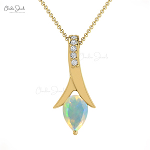 Pendentif en opale éthiopienne de 6x4 mm serti dans un cadre en or massif 14 carats avec diamant classique en forme de larme, collier de mariage, fournisseur en gros - Product Image 1