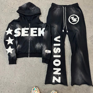 Sweats à capuche pour hommes Rhinestone 100% coton Pantalon de survêtement et sweat à capuche lavage à l'acide Ensemble surdimensionné avec fermeture éclair personnalisée poids lourd pour hommes - Product Image 3