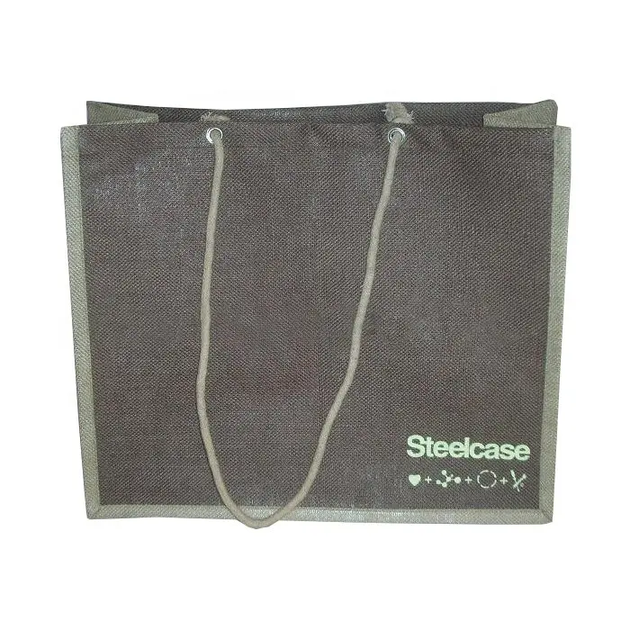 बर्लेप मार्केट बैग प्रमोशनल शॉपिंग बैग कंपनी ब्रांड लोगो प्रिंट भूरे रंग की रस्सी हैंडल जूट बैग के साथ