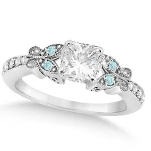 Ensemble de mariage papillon en or 14 carats avec diamants et aigue-marine, bagues en diamants de 1,21 carat - Product Image 2